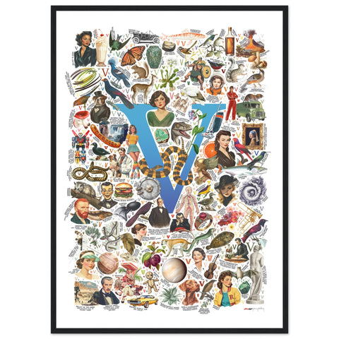 "V is for Voyage" — a Renard Roux alphabet poster with English V words (blue version)