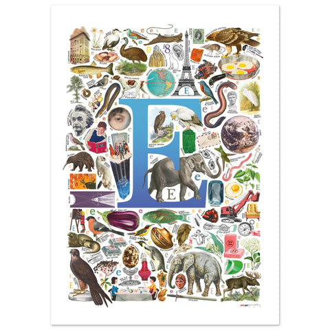 "E is for Explore" — a Renard Roux alphabet poster with English E words (blue version)