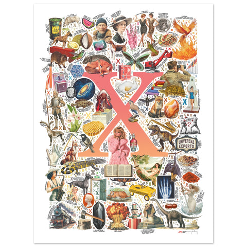 "X is for Xanadu" — a Renard Roux alphabet poster with English X words (red version)
