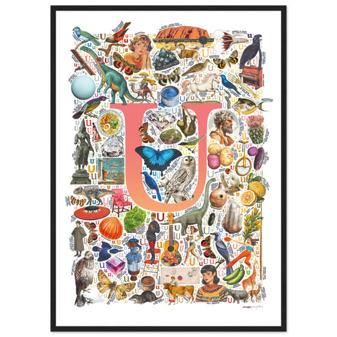 "U is for Unique" — a Renard Roux alphabet poster with English U words (red version)