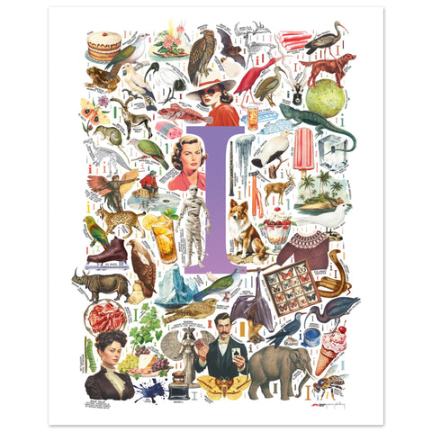 "I is for Imagination" — a Renard Roux alphabet poster with English I words (purple version)