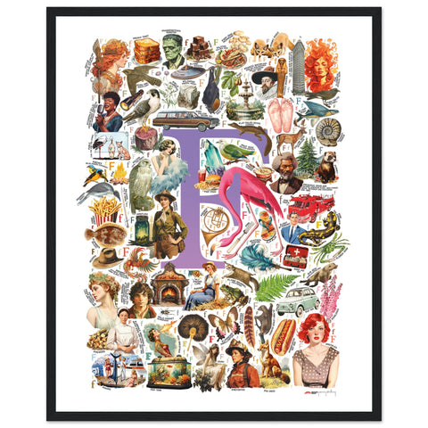 "F is for Festive" — a Renard Roux alphabet poster with English F words (purple version)