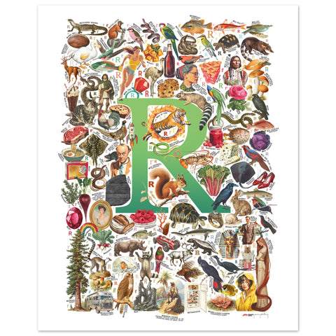 "R is for Remarkable" — a Renard Roux alphabet poster with English R words (green version)