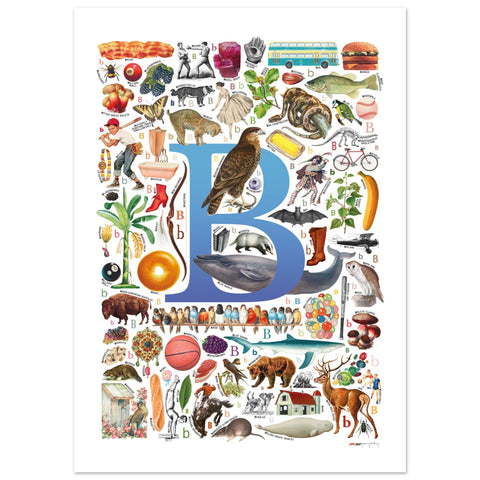 "B is for Brave" — a Renard Roux alphabet poster with English B words (blue version)