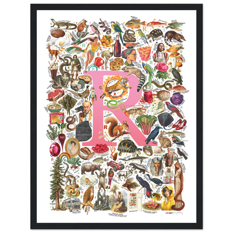 "R is for Remarkable" — a Renard Roux alphabet poster with English R words (pink version)