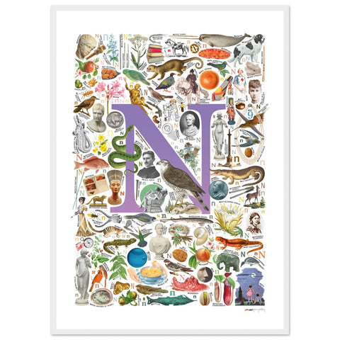 "N is for Nature" — a Renard Roux alphabet poster with English N words (purple version)