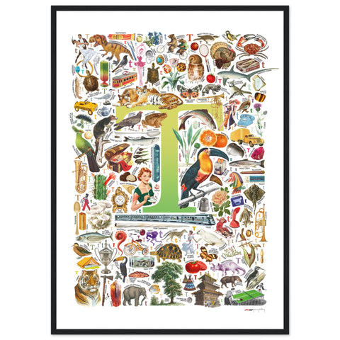 "T is for Treasure" — a Renard Roux alphabet poster with English T words (chartreuse version)