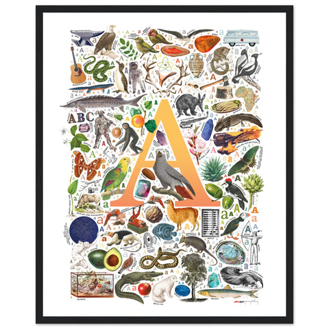 "A is for Adventure" — a Renard Roux alphabet poster with English A words (yellow version)