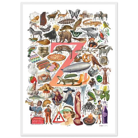 "Z is for Zenith" — a Renard Roux alphabet poster with English Z words (red version)