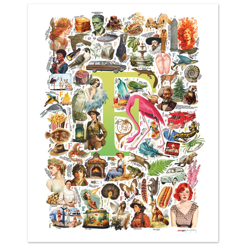 "F is for Festive" — a Renard Roux alphabet poster with English F words (chartreuse version)