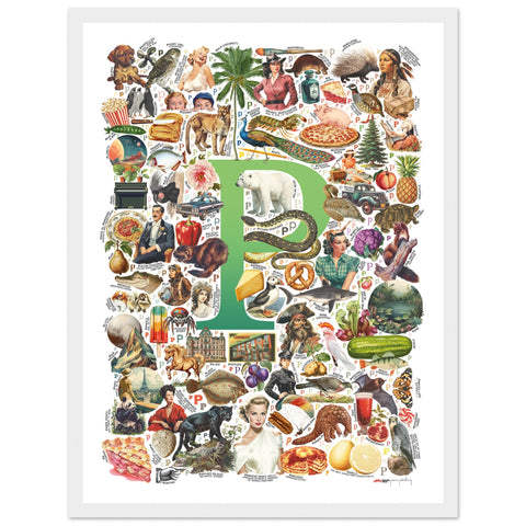 "P is for Pioneer" — a Renard Roux alphabet poster with English P words (green version)