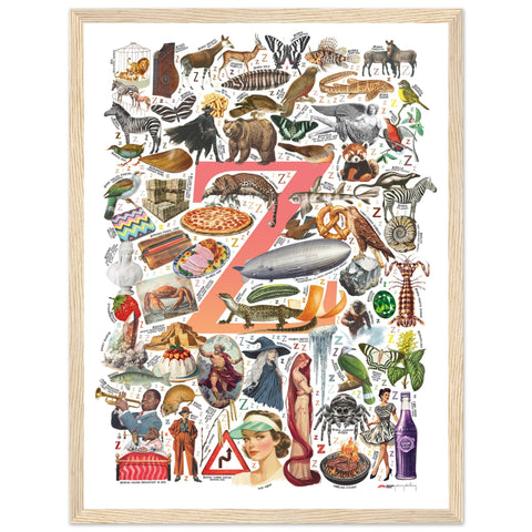 "Z is for Zenith" — a Renard Roux alphabet poster with English Z words (red version)