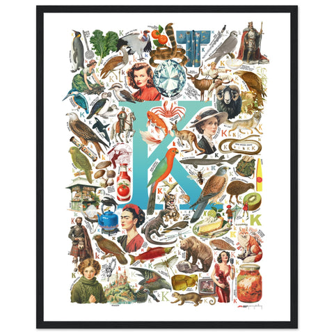 "K is for Keen" — a Renard Roux alphabet poster with English K words (turquoise version)