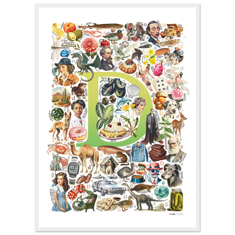 "D is for Discovery" — a Renard Roux alphabet poster with English D words (chartreuse version)