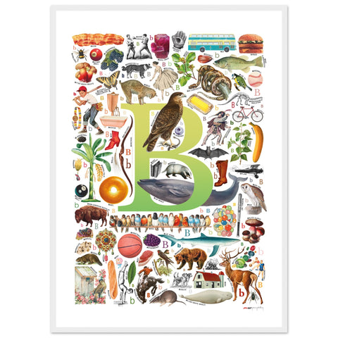 "B is for Brave" — a Renard Roux alphabet poster with English B words (chartreuse version)