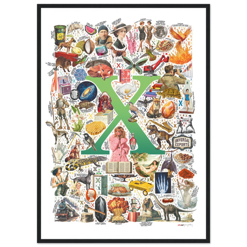 "X is for Xanadu" — a Renard Roux alphabet poster with English X words (green version)