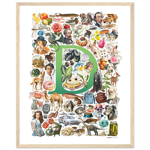 "D is for Discovery" — a Renard Roux alphabet poster with English D words (green version)