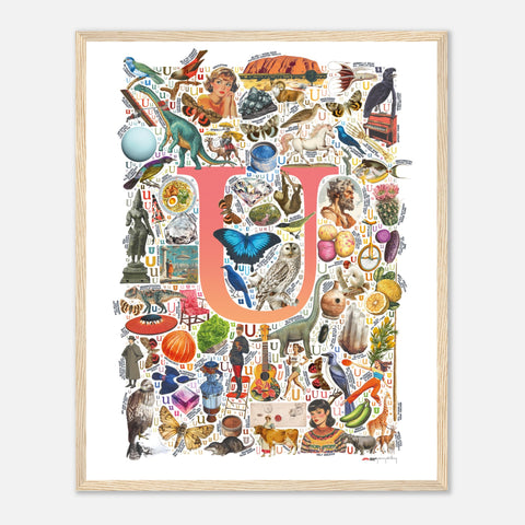 "U is for Unique" — a Renard Roux alphabet poster with English U words (red version)