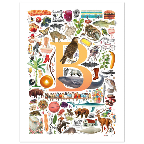 "B is for Brave" — a Renard Roux alphabet poster with English B words (yellow version)