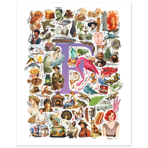 "F is for Festive" — a Renard Roux alphabet poster with English F words (purple version)