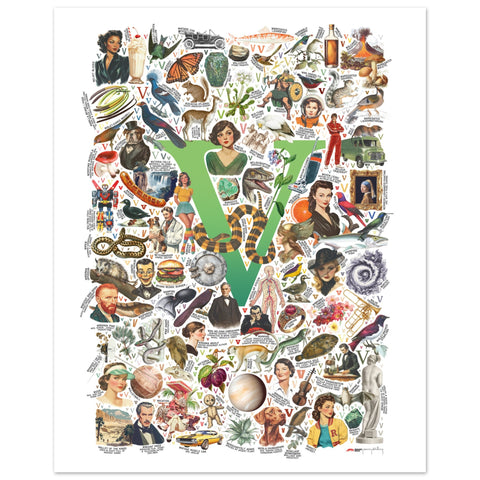 "V is for Voyage" — a Renard Roux alphabet poster with English V words (green version)