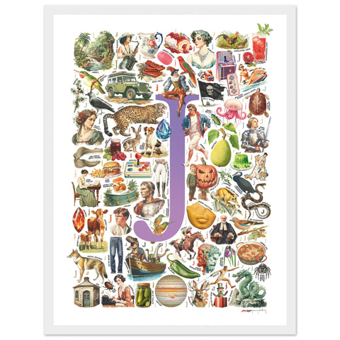 "J is for Journey" — a Renard Roux alphabet poster with English J words (purple version)
