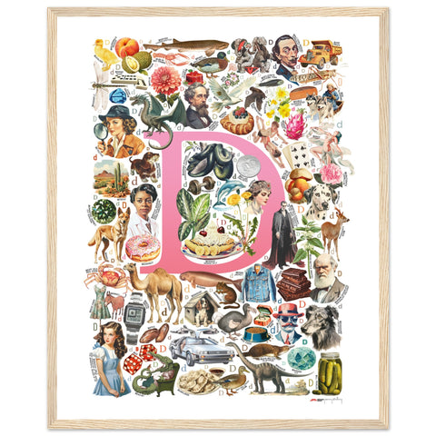 "D is for Discovery" — a Renard Roux alphabet poster with English D words (pink version)
