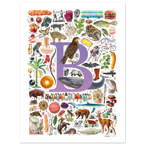 "B is for Brave" — a Renard Roux alphabet poster with English B words (purple version)