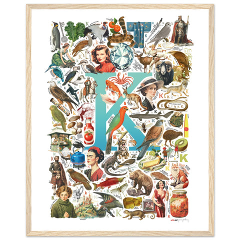 "K is for Keen" — a Renard Roux alphabet poster with English K words (turquoise version)