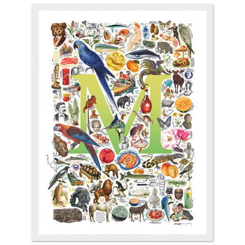 "M is for Magical" — a Renard Roux alphabet poster with English M words (chartreuse version)