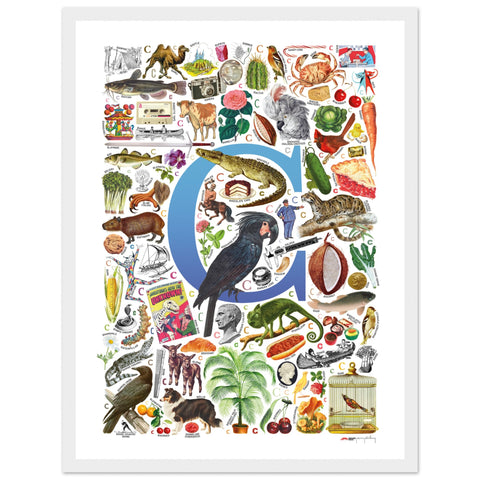 "C is for Curious" — a Renard Roux alphabet poster with English C words (blue version)