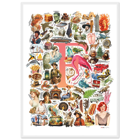 "F is for Festive" — a Renard Roux alphabet poster with English F words (red version)