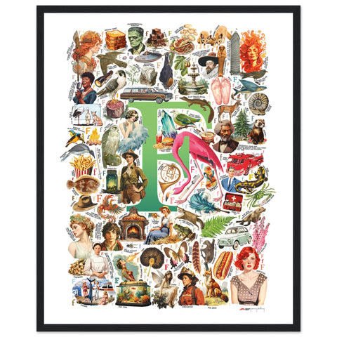 "F is for Festive" — a Renard Roux alphabet poster with English F words (green version)