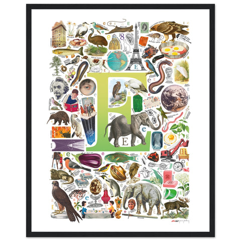 "E is for Explore" — a Renard Roux alphabet poster with English E words (chartreuse version)