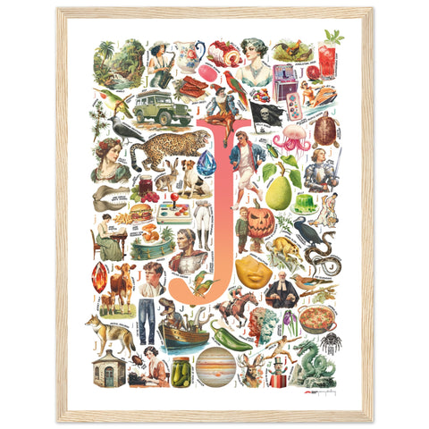 "J is for Journey" — a Renard Roux alphabet poster with English J words (red version)