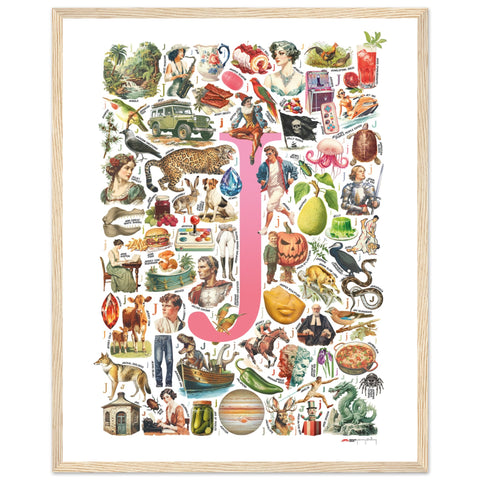"J is for Journey" — a Renard Roux alphabet poster with English J words (pink version)