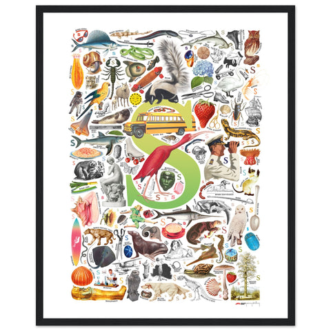 "S is for Surprise" — a Renard Roux alphabet poster with English S words (chartreuse version)