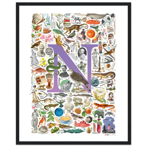 "N is for Nature" — a Renard Roux alphabet poster with English N words (purple version)