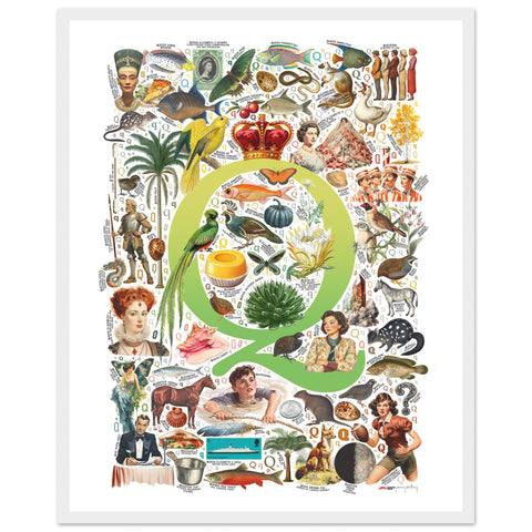 "Q is for Quest" — a Renard Roux alphabet poster with English Q words (chartreuse version)