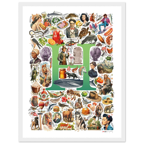 "H is for Heroes" — a Renard Roux alphabet poster with English H words (green version)
