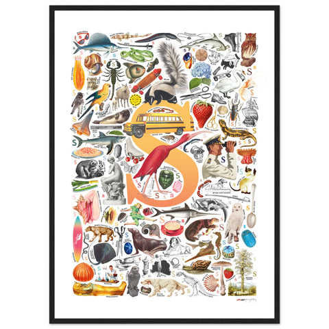 "S is for Surprise" — a Renard Roux alphabet poster with English S words (yellow version)