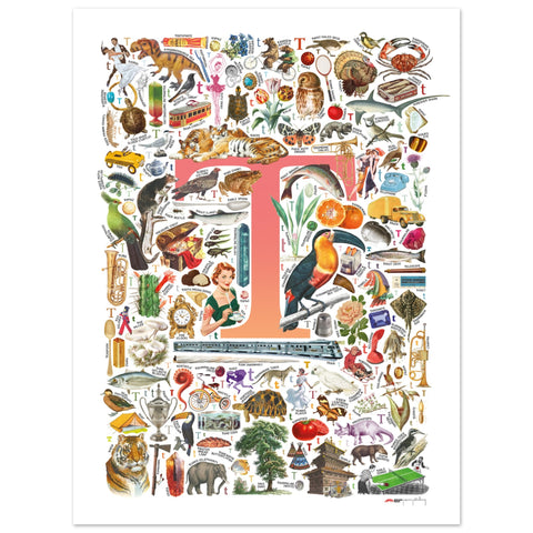 "T is for Treasure" — a Renard Roux alphabet poster with English T words (red version)