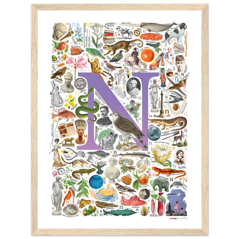 "N is for Nature" — a Renard Roux alphabet poster with English N words (purple version)