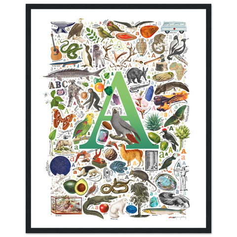 "A is for Adventure" — a Renard Roux alphabet poster with English A words (green version)