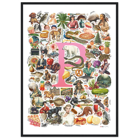 "P is for Pioneer" — a Renard Roux alphabet poster with English P words (pink version)