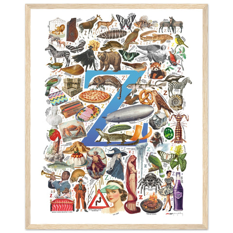 "Z is for Zenith" — a Renard Roux alphabet poster with English Z words (blue version)