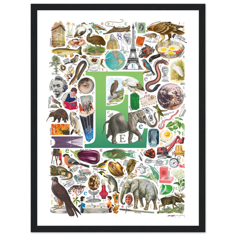 "E is for Explore" — a Renard Roux alphabet poster with English E words (green version)
