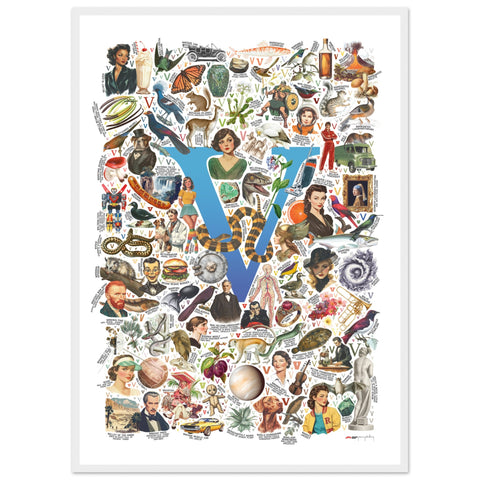 "V is for Voyage" — a Renard Roux alphabet poster with English V words (blue version)