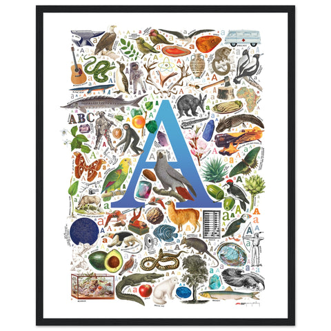 "A is for Adventure" — a Renard Roux alphabet poster with English A words (blue version)