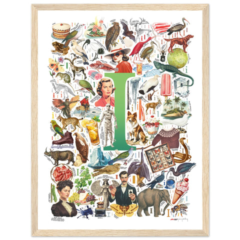 "I is for Imagination" — a Renard Roux alphabet poster with English I words (green version)